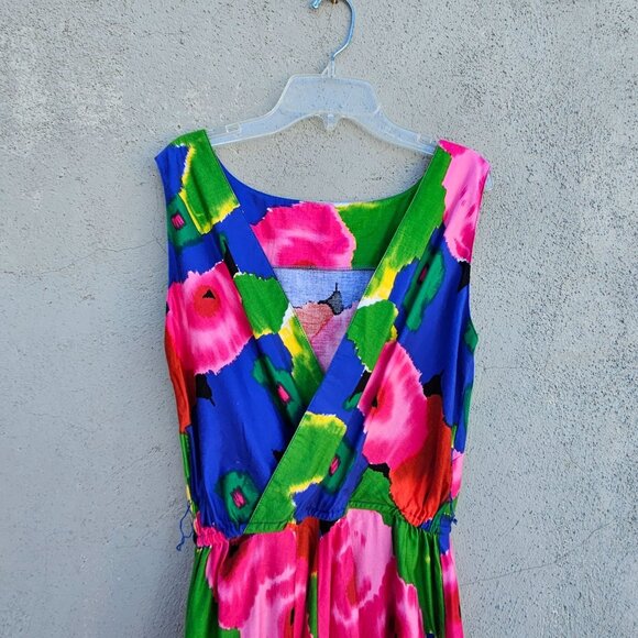 Lanz Originals 80s Bright Floral Sleeveless Fit Flare Midi Dress Size M Pockets - Picture 4 of 9